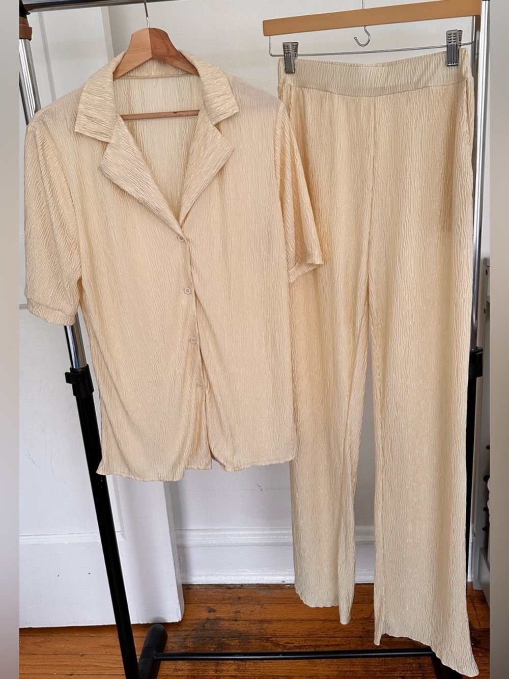 Cream Two-Piece Women's Sleep Set - Short Sleeve Button Shirt & Pants